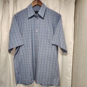 Scott Barber Mens L Short Sleeve‎ Button Up Blue Brown Plaid Shirt